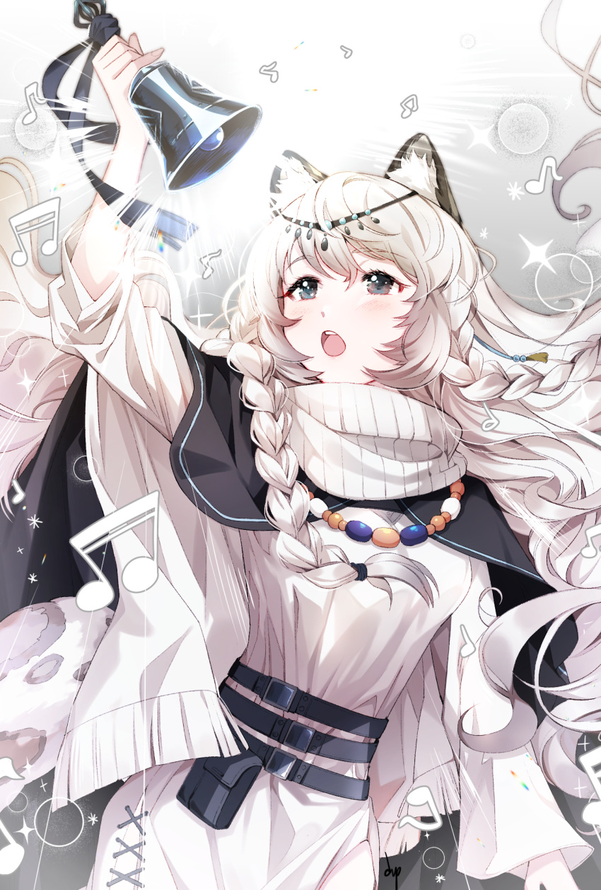 1girl animal_ear_fluff animal_ears arknights arm_at_side arm_up bangs bead_necklace beads belt belt_pouch black_cape blush braid breasts cape cross-laced_clothes dress dubu glowing hair_between_eyes head_chain highres holding_bell jewelry leopard_ears leopard_girl leopard_tail long_hair long_sleeves looking_away looking_to_the_side looking_up musical_note necklace open_mouth pelvic_curtain pouch pramanix_(arknights) scarf side_braid silver_hair sleeves_rolled_up solo tail twin_braids very_long_hair white_dress white_scarf