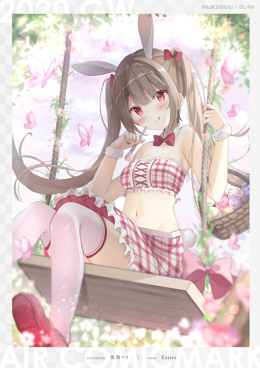 1girl :q animal_ears bandeau bare_arms bare_shoulders basket bow bowtie brown_hair bug butterfly crop_top detached_collar easter_egg egg frilled_skirt frills hair_bow hands_up highres holding insect long_hair looking_at_viewer midriff miniskirt navel original plaid rabbit_ears red_eyes saeki_sora shoes sidelocks sitting skirt smile solo stomach strapless swing thigh-highs tongue tongue_out twintails white_legwear