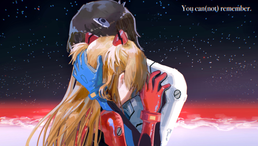 1boy 1girl absurdres bodysuit end_of_evangelion english_commentary highres hug ikari_shinji neon_genesis_evangelion night night_sky orange_hair plugsuit sky sodiumcc souryuu_asuka_langley star_(sky) starry_sky