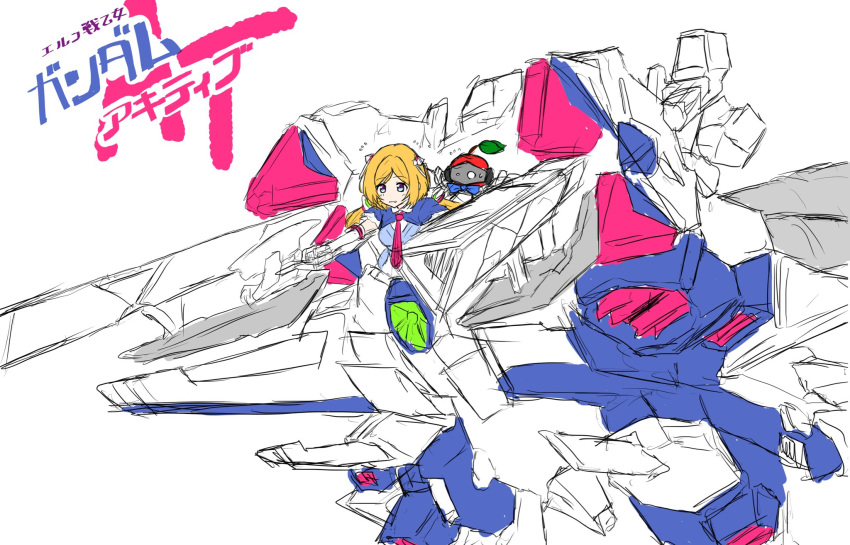 1girl aki_rosenthal bangs blonde_hair blue_eyes blush commentary_request flying_sweatdrops gloves gundam gundam_narrative highres hololive kanhiro_89 mecha necktie parody partially_colored rosen-tai simple_background sketch solo white_background