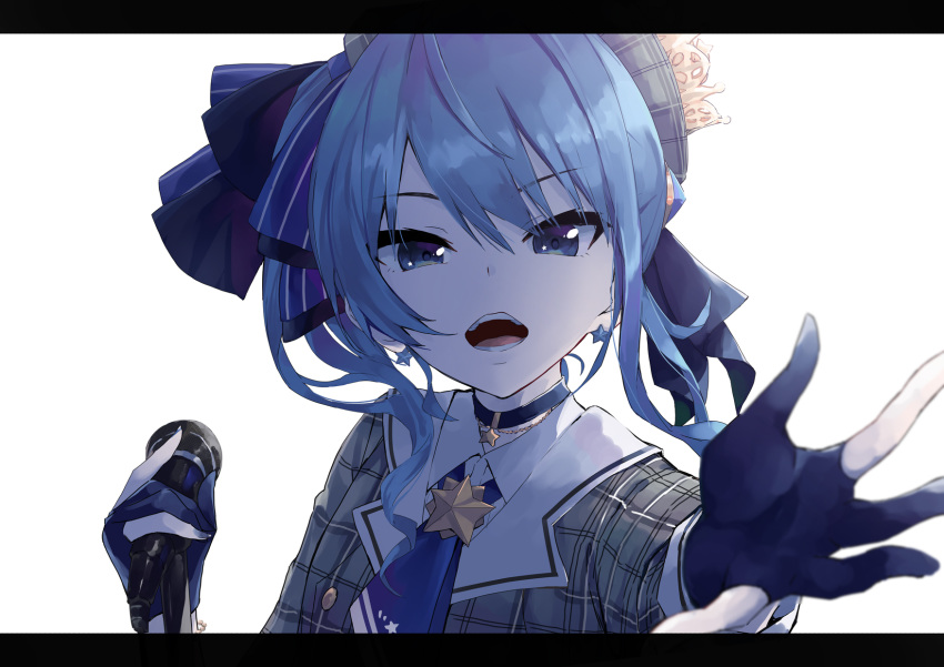1girl bangs beret blue_bow blue_eyes blue_gloves blue_hair blue_neckwear bow collared_shirt crown dress_shirt eyebrows_visible_through_hair gloves grey_headwear grey_jacket hair_between_eyes hair_bow hat highres holding holding_microphone hololive hoshimachi_suisei jacket konkito letterboxed long_hair long_sleeves looking_at_viewer microphone microphone_stand mini_crown open_mouth partly_fingerless_gloves plaid_hat plaid_jacket shirt simple_background solo striped striped_bow tsurime upper_body v-shaped_eyebrows virtual_youtuber white_background white_shirt