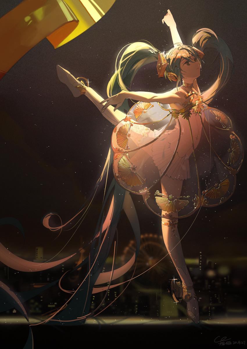 1girl absurdly_long_hair absurdres black_background en_pointe green_eyes green_hair hatsune_miku headphones highres huge_filesize long_hair miku_symphony_(vocaloid) misheyes outstretched_arms pleated_skirt see-through_dress skirt solo spread_arms standing standing_on_one_leg thigh-highs tiptoes twintails very_long_hair vocaloid