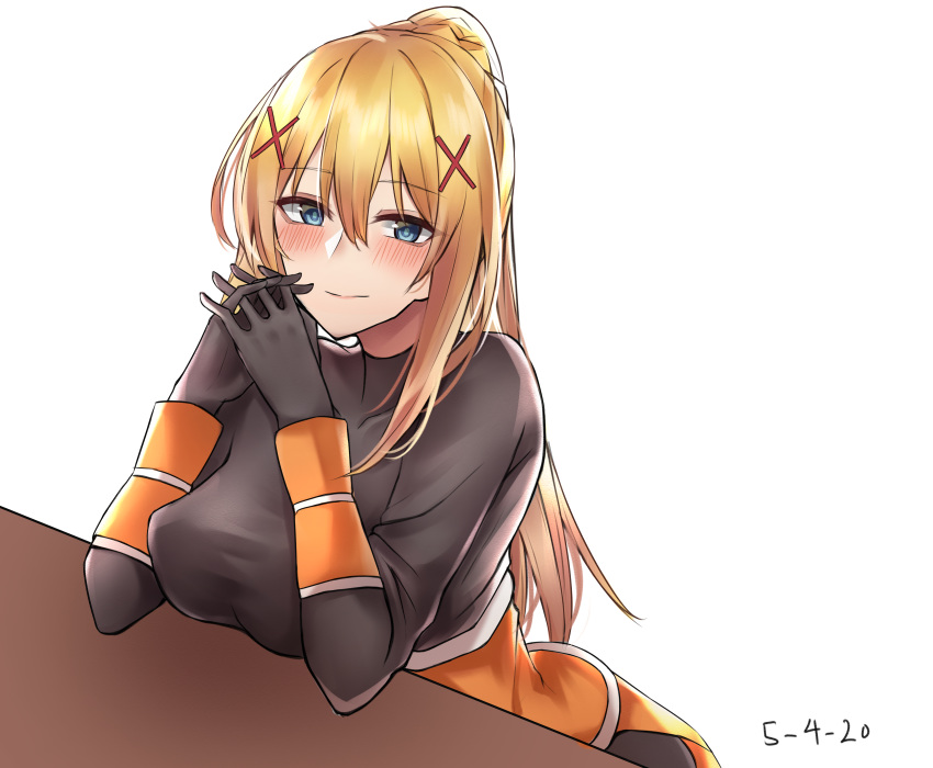 1girl absurdres black_bodysuit black_gloves blonde_hair blue_eyes blush bodysuit breasts collarbone commentary_request covered_nipples darkness_(konosuba) dated eyebrows_visible_through_hair gloves hair_ornament highres huge_filesize kono_subarashii_sekai_ni_shukufuku_wo! large_breasts long_hair looking_at_viewer poisonousgas ponytail simple_background solo white_background x_hair_ornament