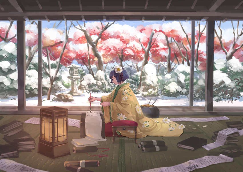 1girl blue_eyes calligraphy_brush closed_eyes commentary_request floral_print flower from_side full_body hair_flower hair_ornament hieda_no_akyuu highres holding japanese_clothes kimono lantern long_sleeves nagi_(xx001122) paintbrush scroll short_hair sitting snow solo stone_lantern touhou tree wide_shot wide_sleeves writing yellow_kimono