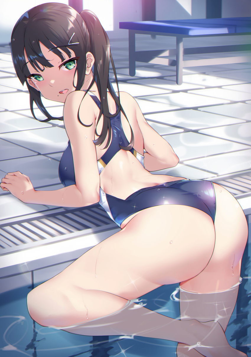 1girl :d absurdres ass ass_focus back_cutout bangs bare_arms bare_legs bare_shoulders barefoot bench black_hair blue_swimsuit blush competition_swimsuit day eyebrows_visible_through_hair from_behind green_eyes highres kurosawa_dia long_hair looking_at_viewer looking_back love_live! love_live!_sunshine!! one-piece_swimsuit open_mouth outdoors partially_submerged ponytail pool poolside smile solo swimsuit thighs tile_floor tiles water yamaori_(yamaorimon)