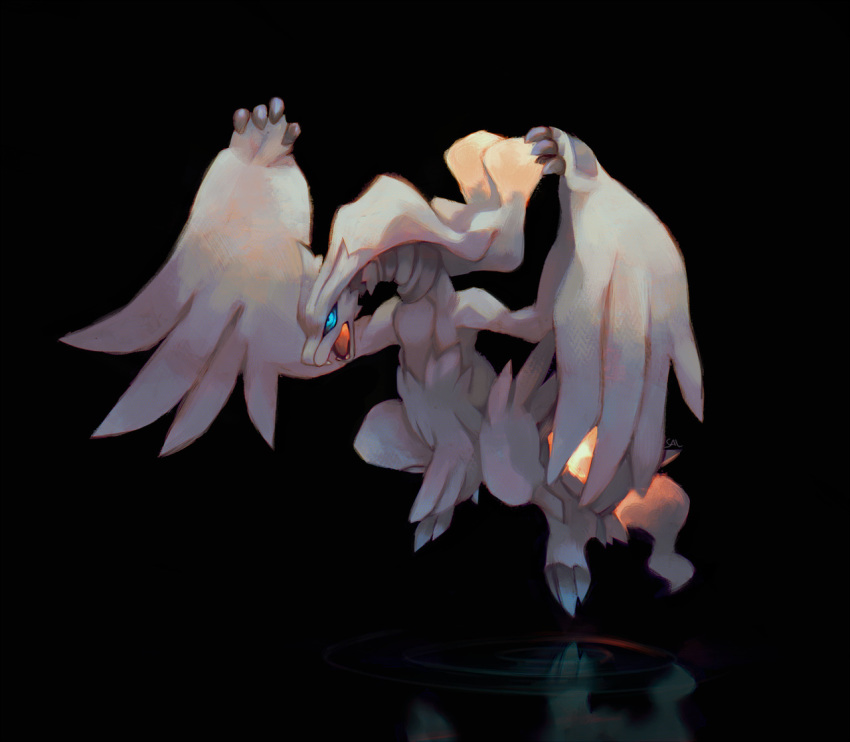 black_background blue_eyes claws commentary creature dragon english_commentary fangs flying full_body gen_5_pokemon legendary_pokemon multiple_sources no_humans pokemon pokemon_(creature) reflection reshiram salanchu simple_background solo