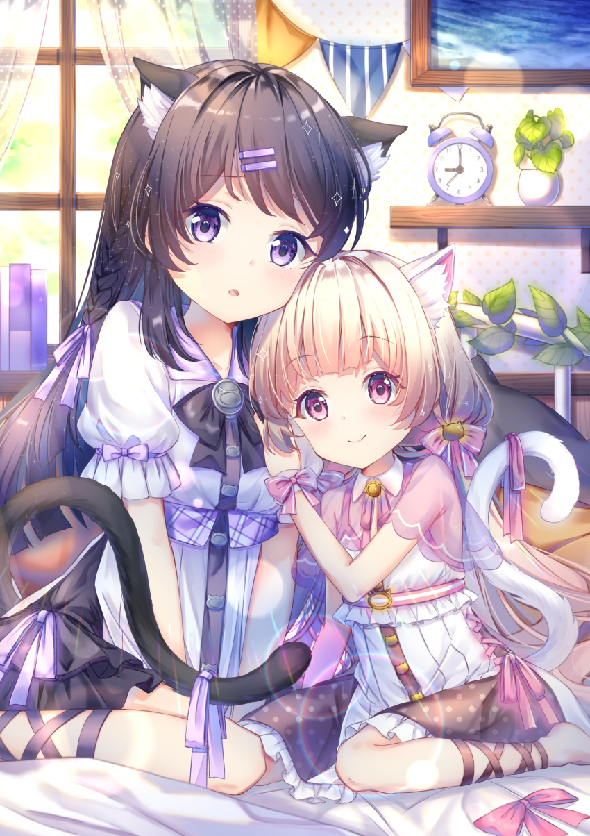 2girls absurdres alarm_clock animal_ear_fluff animal_ears bangs barefoot bed black_hair blush bow braid cat_ears cat_girl cat_tail clock closed_mouth commentary_request curtains day dress eyebrows_visible_through_hair frilled_dress frills hair_bow hair_ornament hairclip highres indoors light_brown_hair long_hair multiple_girls on_bed original painting_(object) parted_lips pennant pink_bow plant polka_dot potted_plant puffy_short_sleeves puffy_sleeves purple_bow red_bow red_eyes shelf short_sleeves sitting sitting_on_bed size_difference smile sparkle string_of_flags sunlight tail tail_bow torokeru_none transparent very_long_hair violet_eyes wariza white_dress window wrist_cuffs