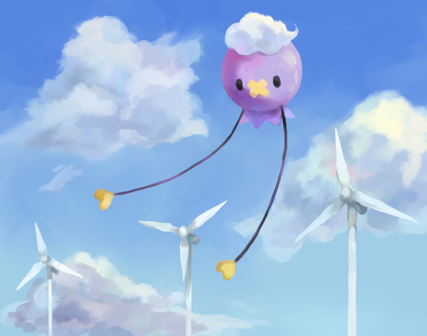 ._. blue_sky celry clouds cloudy_sky creature drifloon floating full_body gen_4_pokemon no_humans pokemon pokemon_(creature) pokemon_(game) pokemon_dppt sky solo valley_windworks windmill