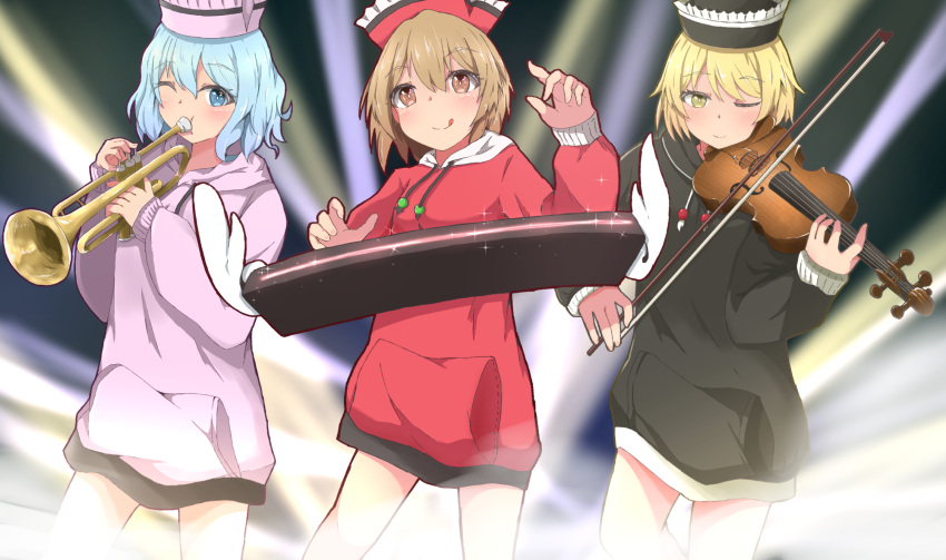 3girls :q alternate_costume arm_up black_background black_headwear black_hoodie blonde_hair blue_eyes bow_(instrument) bright_pupils brown_eyes brown_hair cropped_legs drawstring eyebrows_visible_through_hair gradient gradient_background hair_between_eyes hat highres hood hoodie instrument keyboard_(instrument) light_blue_hair light_smile long_sleeves looking_at_viewer lunasa_prismriver lyrica_prismriver merlin_prismriver mizune_(winter) multiple_girls music one_eye_closed pink_headwear pink_hoodie playing_instrument red_headwear red_hoodie searchlight short_hair siblings sisters smile staff_(music) tongue tongue_out touhou trumpet violin white_pupils yellow_eyes