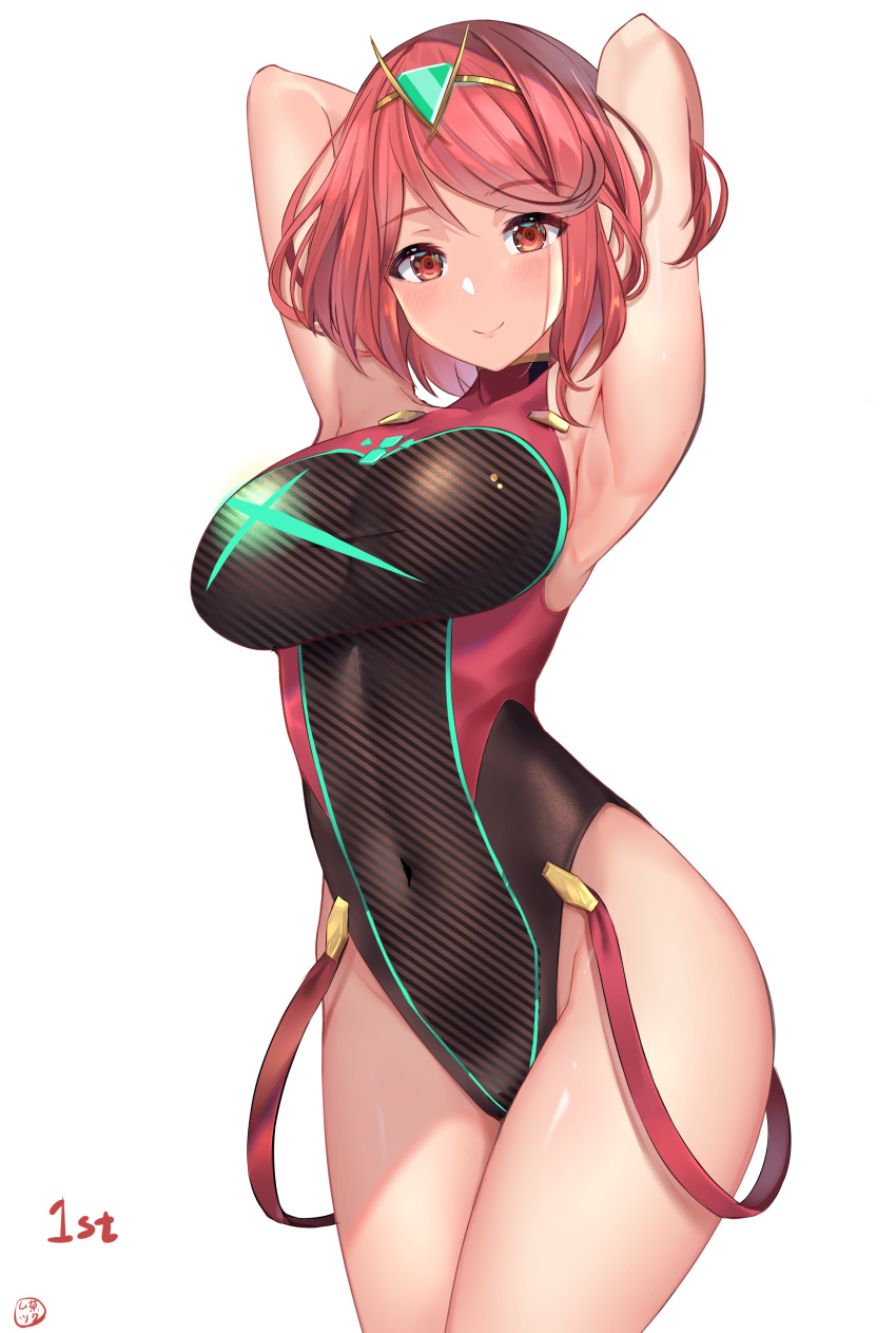 1girl absurdres armpits arms_behind_head bangs blush breasts closed_mouth covered_navel emerald_(gemstone) eyebrows_visible_through_hair gem highres pyra_(xenoblade) large_breasts mukatsukulsp one-piece_swimsuit red_eyes redhead short_hair simple_background solo swept_bangs swimsuit thighs white_background xenoblade_(series) xenoblade_2