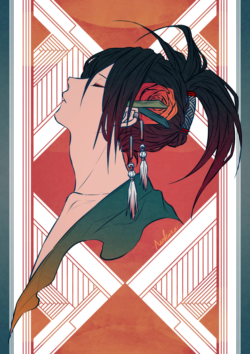 1boy absurdres black_hair closed_eyes collarbone cropped_torso dororo_(tezuka) earrings flower hair_flower hair_ornament highres hyakkimaru_(dororo) ichi_asakura jewelry long_hair patterned_background red_flower signature solo upper_body