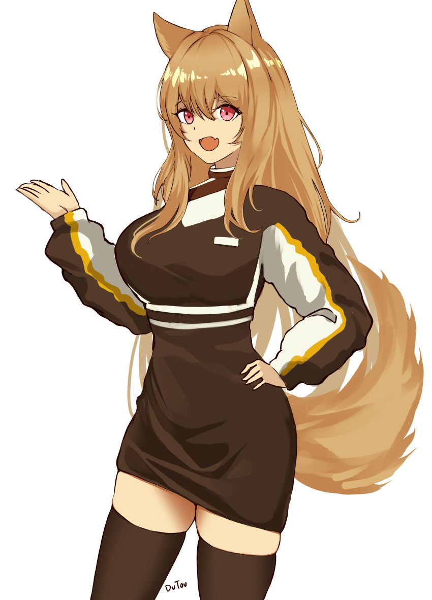 1girl absurdres adapted_costume animal_ears arknights artist_name breasts brown_hair brown_legwear brown_sweater ceobe_(arknights) chinese_commentary cowboy_shot dog_ears dog_tail dutou eyebrows_visible_through_hair fang hair_between_eyes hand_on_hip highres large_breasts long_hair long_sleeves looking_at_viewer open_mouth red_eyes signature simple_background smile solo sweater tail thigh-highs thighs turtleneck white_background zettai_ryouiki