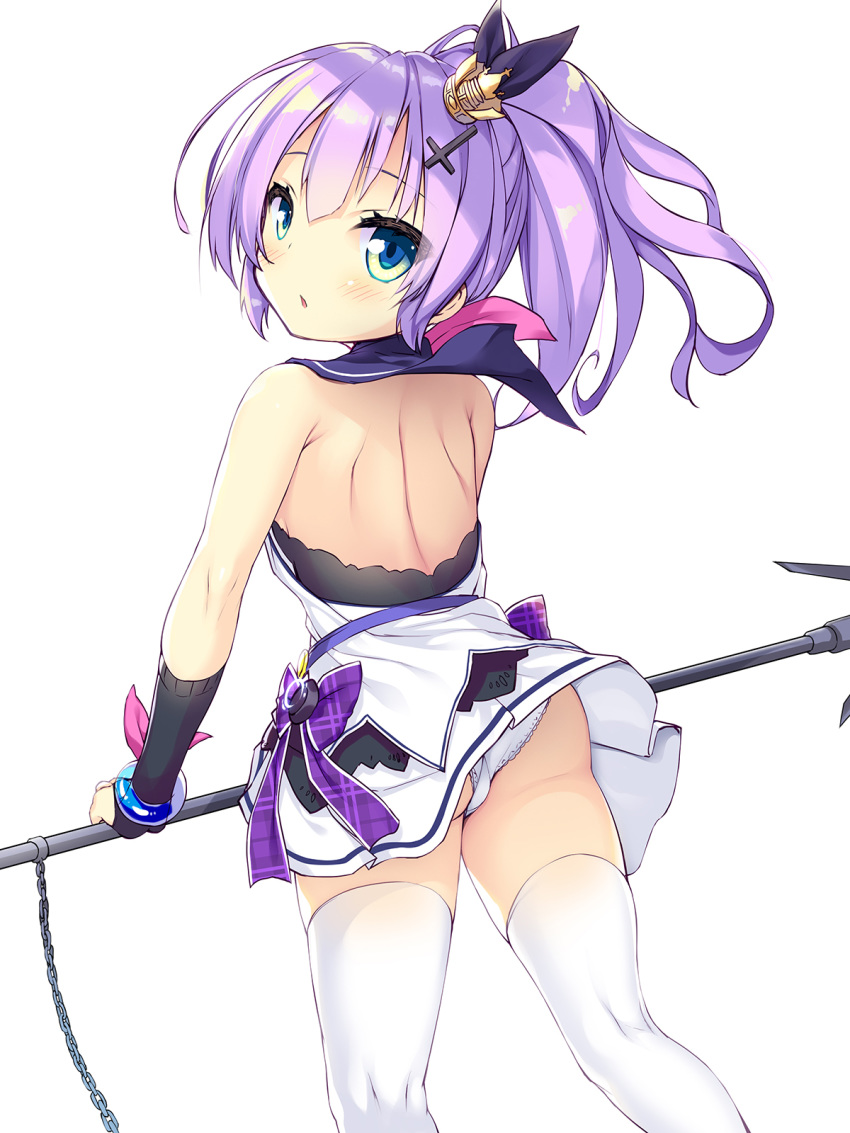 1girl ass azur_lane backless_dress backless_outfit bangs bare_shoulders black_gloves black_ribbon blush crown dress elbow_gloves eyebrows_visible_through_hair gloves green_eyes hair_between_eyes hair_ornament hair_ribbon high_ponytail highres holding javelin javelin_(azur_lane) looking_at_viewer looking_back mini_crown ochinsama panties parted_lips partly_fingerless_gloves ponytail purple_hair ribbon simple_background solo standing thigh-highs tilted_headwear underwear white_background white_dress white_legwear white_panties