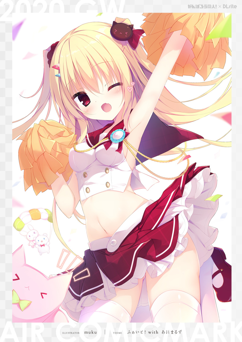 1girl ;o arm_up armpits bare_arms bare_shoulders blonde_hair breasts cheerleader crop_top fang hand_up highres holding leg_up long_hair looking_at_viewer mary_janes medium_breasts midriff miniskirt muku_(apupop) navel one_eye_closed open_mouth original pom_poms red_skirt sailor_collar shirt shoes skirt sleeveless sleeveless_shirt solo stomach thigh-highs two_side_up white_legwear white_shirt zettai_ryouiki