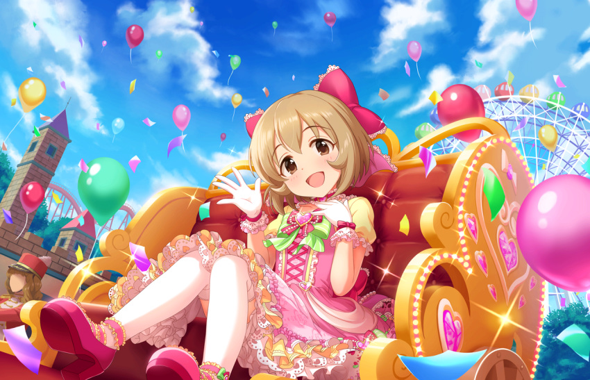 1girl amusement_park balloon bow brown_eyes brown_hair dress ferris_wheel frilled_dress frilled_gloves frilled_skirt frills gloves hair_bow hair_ornament hand_on_own_chest idolmaster idolmaster_cinderella_girls looking_at_viewer open_mouth shoes short_hair skirt thigh-highs white_gloves
