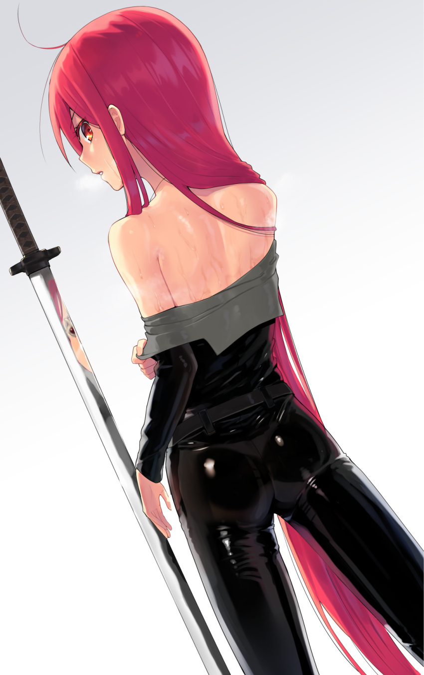 1girl ass hair_flowing_over highres latex latex_bodysuit long_hair looking_at_viewer looking_back no_bra ohlia pulled_by_self red_eyes redhead shakugan_no_shana shana shiny shiny_clothes solo sweat undressing