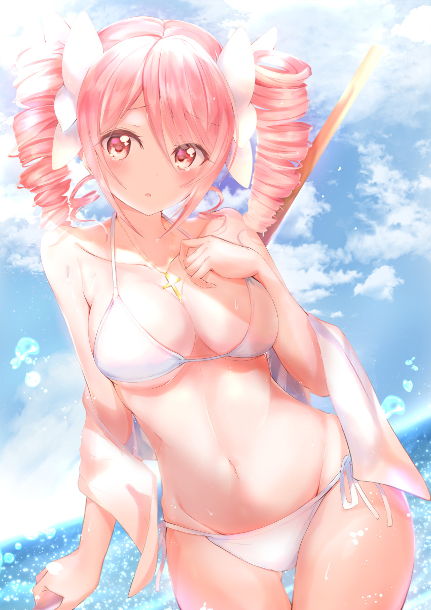 1girl absurdres bikini blush breasts clouds cloudy_sky collarbone cross cross_necklace drill_hair eyebrows_visible_through_hair groin hair_ornament hair_ribbon highres jashin-chan_dropkick jewelry large_breasts maddo_(gasser_0518) navel necklace ocean open_mouth pink_hair pino_(jashin-chan_dropkick) red_eyes ribbon shiny shiny_hair short_hair side-tie_bikini sky solo standing swimsuit swimwear twin_drills twintails white_bikini