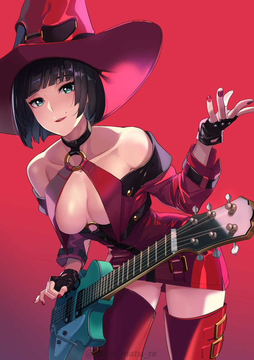 1girl absurdres artist_name bare_shoulders blue_eyes bob_cut boots breasts collarbone commentary_request electric_guitar eyebrows_visible_through_hair fingerless_gloves fingernails gloves gradient gradient_background green_eyes guilty_gear guilty_gear_xrd guitar halterneck hat heterochromia highres i-no instrument kagematsuri leaning_forward lips lipstick looking_at_viewer makeup medium_breasts mole mole_above_mouth nail_polish o-ring o-ring_top red_footwear red_headwear revealing_clothes shiny shiny_hair short_hair simple_background smile solo thigh-highs thigh_boots witch_hat zettai_ryouiki