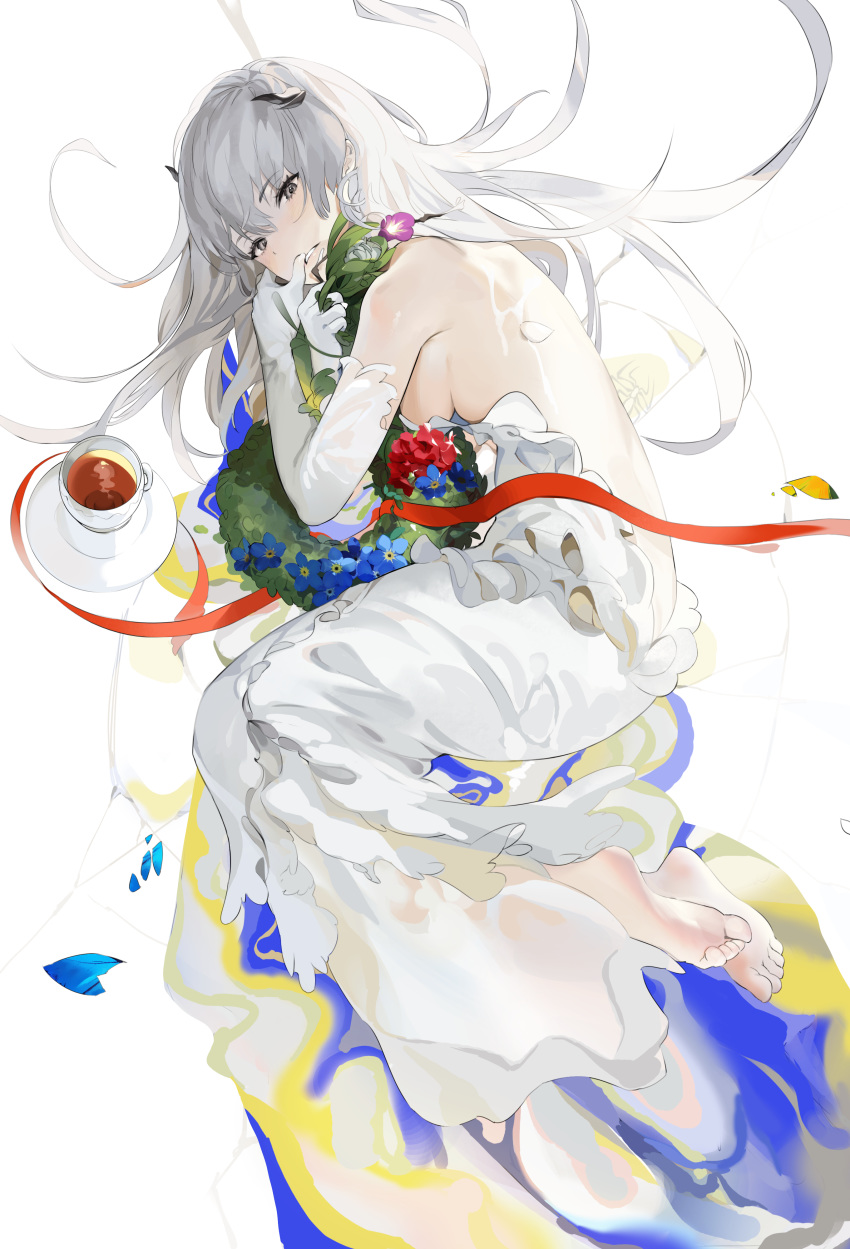 1girl absurdres bad_id bad_pixiv_id bare_back barefoot breasts bridal_gauntlets bridal_legwear bridal_veil coffee_cup coffee_mug commentary cup disposable_cup dress feet grey_eyes highres jewelry korean_commentary long_hair looking_at_viewer looking_back mug orgasm original red_ribbon ribbon ring sideboob silver_hair solo uthy veil wedding_band wedding_dress white_background