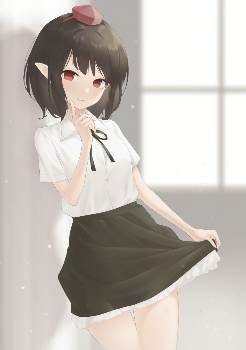 1girl against_wall black_hair black_neckwear black_skirt blurry blurry_background breasts commentary cowboy_shot finger_to_chin hat head_tilt highres kanpa_(campagne_9) leaning_back looking_at_viewer neck_ribbon petticoat pointy_ears red_eyes red_headwear ribbon shadow shameimaru_aya shirt short_hair short_sleeves skirt skirt_hold small_breasts smile solo standing tokin_hat touhou white_shirt window
