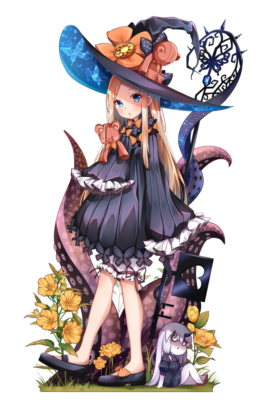 abigail_williams_(fate/grand_order) bangs black_bow black_dress black_headwear blonde_hair blue_eyes bow breasts chibi dress fate/grand_order fate_(series) flower forehead full_body hair_bow hat highres key lavinia_whateley_(fate/grand_order) lokyin_house long_hair multiple_bows orange_bow pale_skin parted_bangs polka_dot polka_dot_bow ribbed_dress sleeves_past_fingers sleeves_past_wrists small_breasts staff stuffed_animal stuffed_toy teddy_bear tentacles white_bloomers witch_hat