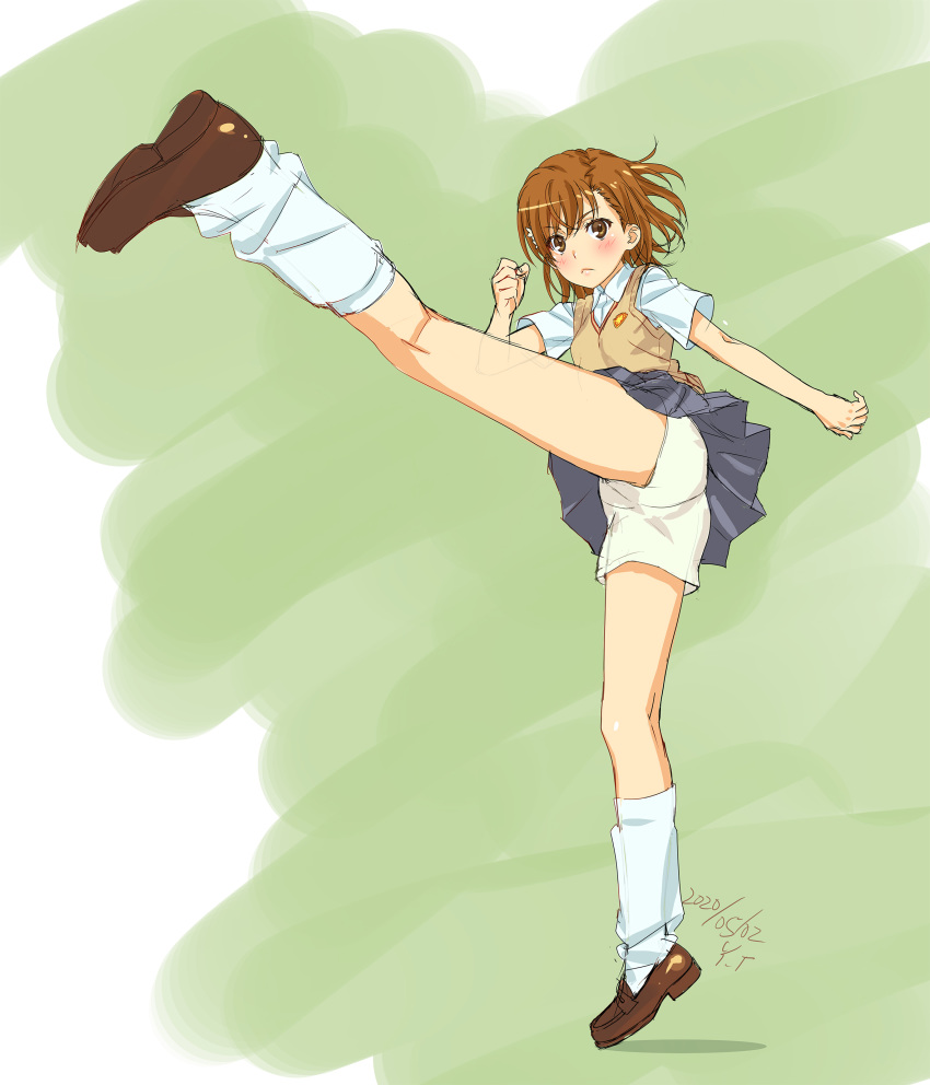 1girl absurdres artist_name brown_eyes brown_footwear brown_hair brown_shorts dated green_background highres kicking loafers loose_socks misaka_mikoto school_uniform shoes short_hair shorts shorts_under_skirt solo sweater_vest tanaka_yuuichi to_aru_kagaku_no_railgun to_aru_majutsu_no_index tokiwadai_school_uniform translation_request