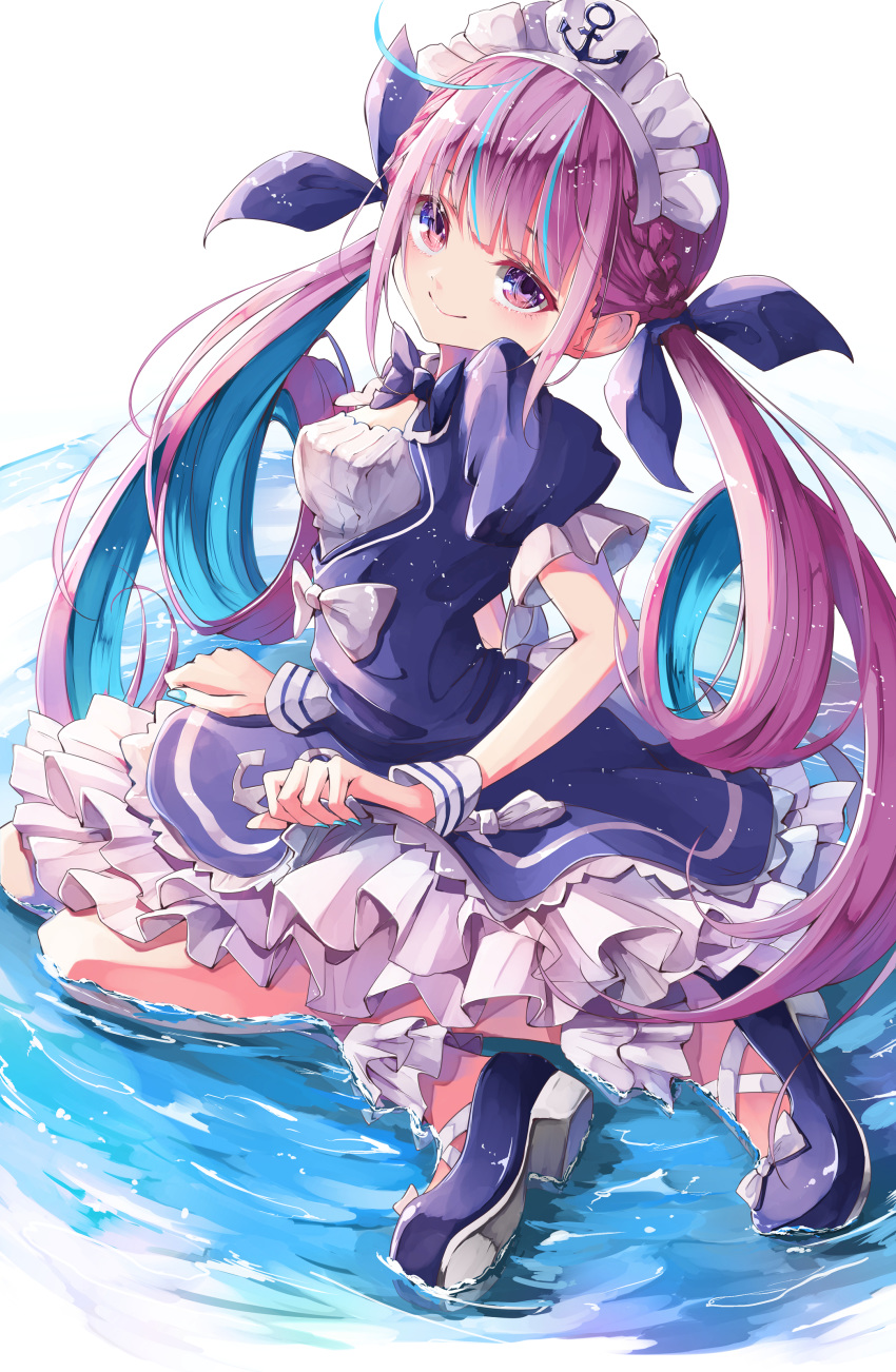1girl absurdres ahoge anchor_symbol ankle_cuffs aqua_hair aqua_nails bare_legs blue_dress blue_footwear braid breasts closed_mouth commentary dress drill_hair eyelashes french_braid frilled_dress frills hair_ribbon highres hololive long_hair looking_at_viewer maid_headdress medium_breasts minato_aqua multicolored_hair nail_polish ninniku_mashimashi partially_submerged puffy_short_sleeves puffy_sleeves purple_hair ribbon shoes short_sleeves simple_background sitting smile solo streaked_hair twin_drills twintails two-tone_hair violet_eyes virtual_youtuber water white_background wrist_cuffs