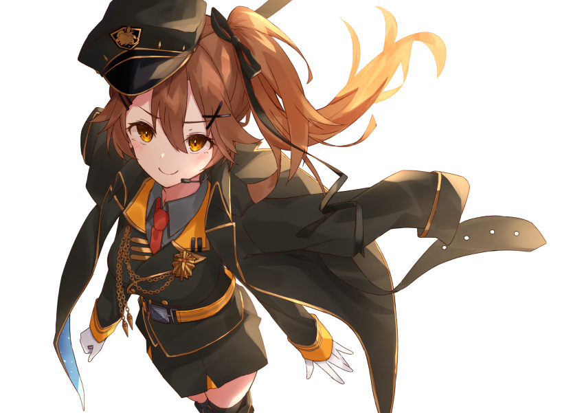 1girl absurdres black_jacket black_ribbon black_skirt blush brown_hair closed_mouth from_above grey_shirt hair_ribbon hat headset highres hikari_yui jacket jacket_on_shoulders long_hair long_sleeves looking_at_viewer military military_hat military_uniform necktie re:act red_neckwear ribbon shirt shishigami_leona simple_background skirt smile solo two_side_up uniform virtual_youtuber white_background yellow_eyes