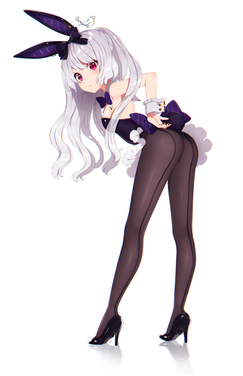 1girl animal_ears apron ass back_bow bangs black_bow black_footwear black_legwear black_leotard blue_bow blue_neckwear bow bowtie bunny_girl bunny_tail bunnysuit closed_mouth detached_collar expressionless frilled_apron frills from_behind full_body hair_bow high_heels highres leaning_forward leotard long_hair long_legs looking_at_viewer mamyouda original pantyhose pink_eyes rabbit_ears red_nails sidelocks simple_background solo strapless strapless_leotard tail waist_apron wavy_hair white_apron white_background white_hair wrist_cuffs