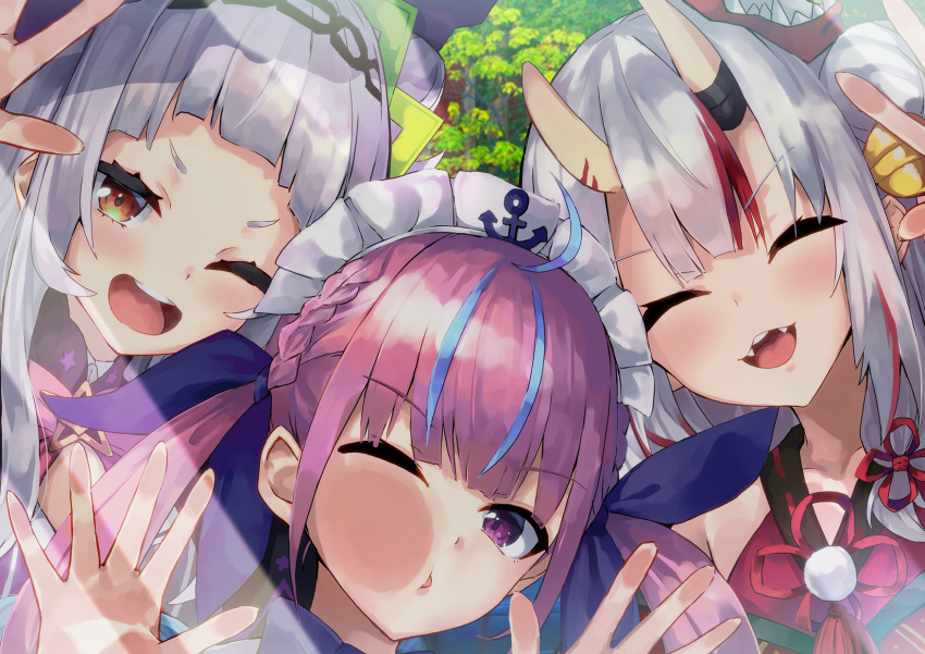 3girls :d ;d ^_^ against_fourth_wall against_glass ahoge anchor bell black_hairband blue_hair braid closed_eyes collarbone fangs hair_bell hair_bun hair_ornament hairband highres hololive horns jingle_bell konkito long_hair maid_headdress mask mask_on_head minato_aqua multicolored_hair multiple_girls murasaki_shion nakiri_ayame one_eye_closed oni oni_horns oni_mask open_mouth parted_lips purple_hair redhead round_teeth side_bun silver_hair smile streaked_hair teeth twintails two-tone_hair upper_teeth v-shaped_eyebrows violet_eyes virtual_youtuber