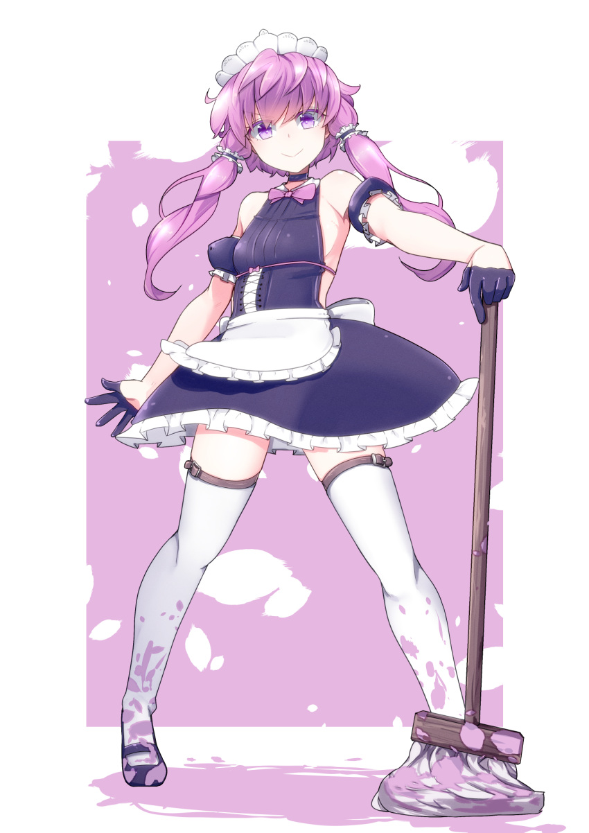 1girl alternate_costume apron bare_shoulders black_footwear blush breasts broom commentary_request dress frills hair_ornament highres holding holding_broom long_hair looking_at_viewer maid maid_apron maid_headdress pon_(shind_997) purple_hair shoes small_breasts smile solo twintails violet_eyes vocaloid white_legwear yuzuki_yukari