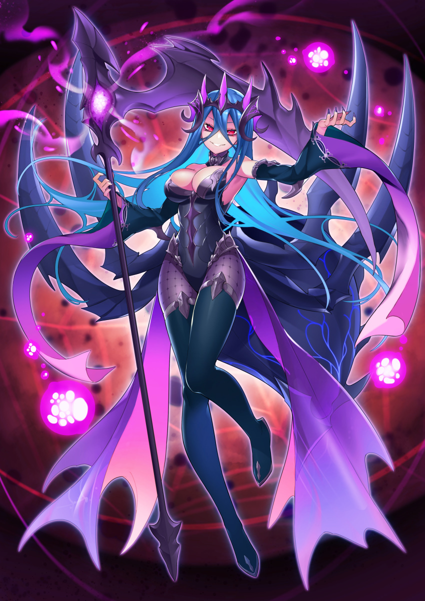 1girl absurdres baniran_dorosu bare_shoulders black_nails blue_hair breasts commentary_request crown detached_collar detached_sleeves fingernails grin hair_between_eyes highres insect_girl large_breasts long_hair looking_at_viewer magic original red_eyes scythe sharp_fingernails smile spider_girl spider_legs thigh-highs very_long_hair waist_cape wide_sleeves witch