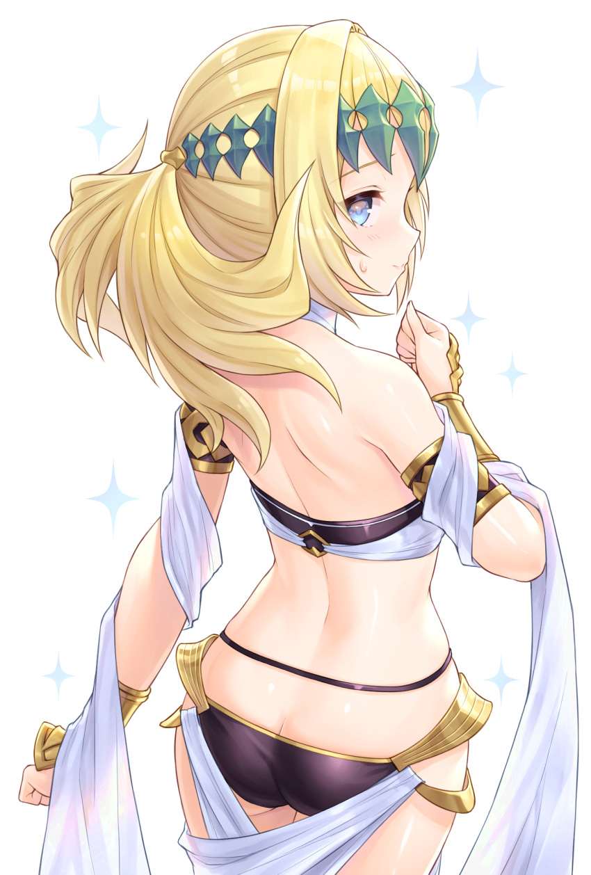 1girl arm_at_side armlet ass back bangs bare_shoulders black_shirt blonde_hair blue_eyes blush butt_crack clenched_hands cowboy_shot diadem fate/grand_order fate_(series) from_above from_behind halter_top halterneck highres long_hair looking_at_viewer looking_back pollux_(fate/grand_order) shiny shiny_skin shirt shoulder_blades smile solo sparkle tomo_(user_hes4085) white_background white_robe