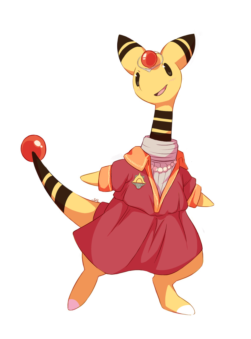 ampharos black_eyes clothed_pokemon commentary commission creature dress english_commentary full_body gen_2_pokemon highres no_humans pink_dress pokemon pokemon_(creature) salanchu smirk solo standing tiara white_background