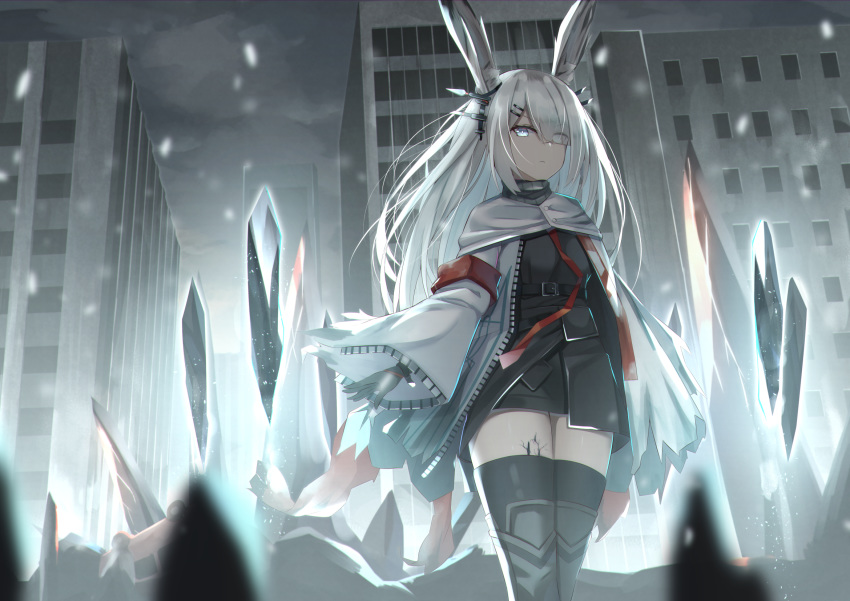 1girl animal_ears arknights armband bangs black_coat black_gloves black_legwear breasts building city cloak closed_mouth coat commentary cowboy_shot english_commentary expressionless eyes_visible_through_hair frostnova_(arknights) gloves grey_eyes grey_sky hair_ornament hair_over_one_eye hairclip headpiece highres ice jacket long_hair looking_at_viewer medium_breasts mirufuaa open_clothes open_jacket ore_lesion_(arknights) originium_arts_(arknights) outdoors parted_bangs rabbit_ears red_ribbon ribbon silver_hair solo thigh-highs thighs unzipped white_cloak white_jacket