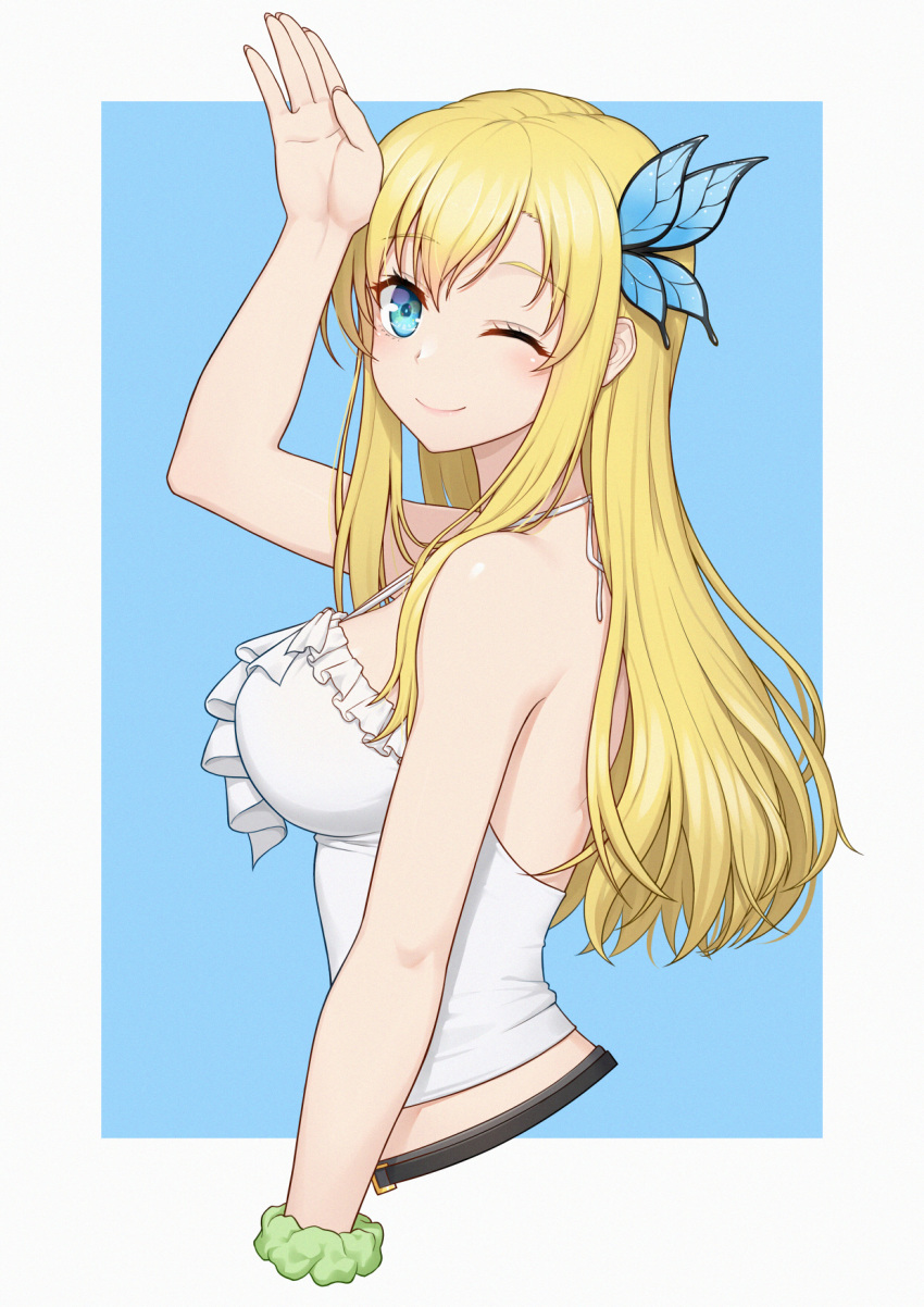 1girl anarchojs bangs bare_arms bare_shoulders blonde_hair blue_background blue_eyes blush boku_wa_tomodachi_ga_sukunai breasts bug butterfly butterfly_hair_ornament commentary_request eyebrows_visible_through_hair from_side green_scrunchie hair_ornament highres insect kashiwazaki_sena large_breasts long_hair looking_at_viewer one_eye_closed scrunchie shirt simple_background smile solo white_background white_shirt wrist_scrunchie