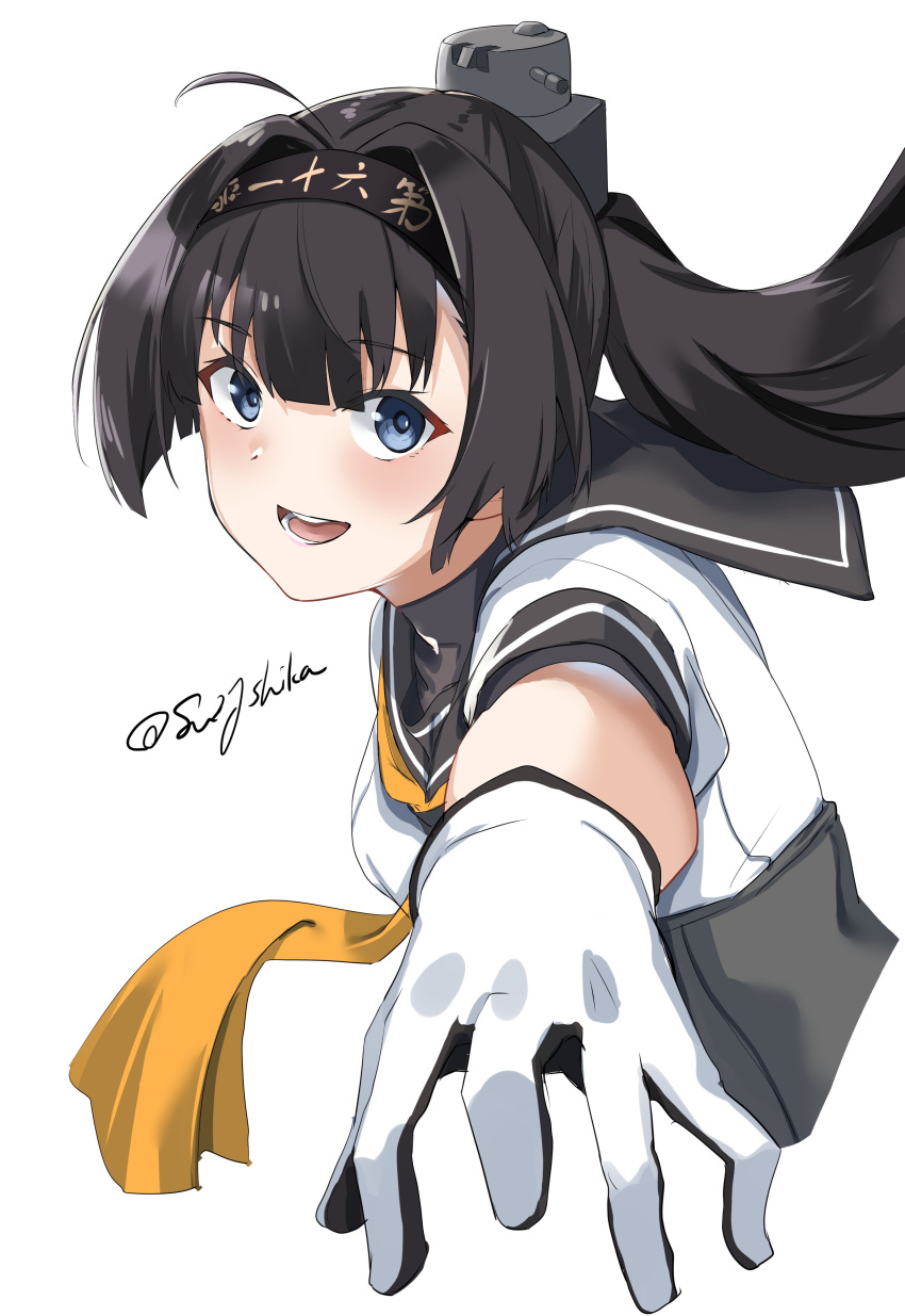 1girl absurdres ahoge akizuki_(kantai_collection) black_hair blue_eyes clothes_writing corset cropped_torso gloves hachimaki headband highres kantai_collection looking_at_viewer multicolored multicolored_clothes multicolored_gloves neckerchief open_mouth ponytail round_teeth school_uniform serafuku simple_background solo sui_(sui27shika) teeth upper_body upper_teeth white_background yellow_neckwear