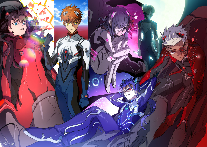 3boys 3girls archer artoria_pendragon_(all) ayanami_rei ayanami_rei_(cosplay) bandage_over_one_eye bandages black_bodysuit black_hair blonde_hair blue_bodysuit blue_eyes blue_hair bodysuit bow braid brown_hair closed_mouth cosplay cu_chulainn_(fate)_(all) emiya_shirou expressionless eyepatch fate/stay_night fate_(series) french_braid g0ringo gloves grey_eyes grin hair_bow hair_bun ikari_shinji ikari_shinji_(cosplay) lancer leg_hug long_hair matou_sakura multiple_boys multiple_girls neon_genesis_evangelion one_eye_closed plugsuit ponytail print_eyepatch purple_hair reclining red_bodysuit red_bow red_eyes saber short_hair signature sitting smile souryuu_asuka_langley souryuu_asuka_langley_(cosplay) toosaka_rin violet_eyes white_bodysuit white_hair yellow_eyes