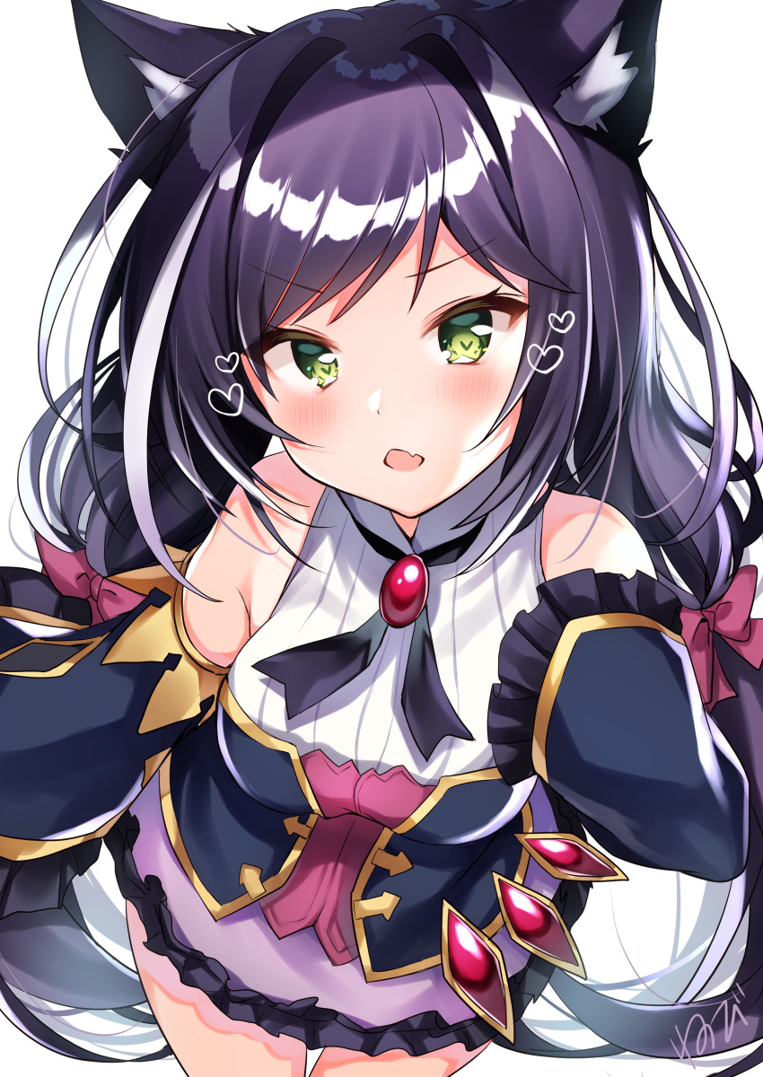 1girl absurdres animal_ear_fluff animal_ears bangs bare_shoulders black_hair black_sleeves blush bow breasts cat_ears commentary_request detached_sleeves fang frilled_skirt frills hair_bow hand_up heart highres kyaru_(princess_connect) long_hair long_sleeves looking_at_viewer low_twintails medium_breasts multicolored_hair nenobi_(nenorium) open_mouth princess_connect! princess_connect!_re:dive purple_skirt red_bow shirt skirt sleeveless sleeveless_shirt sleeves_past_fingers sleeves_past_wrists solo streaked_hair swept_bangs twintails v-shaped_eyebrows very_long_hair white_hair white_shirt