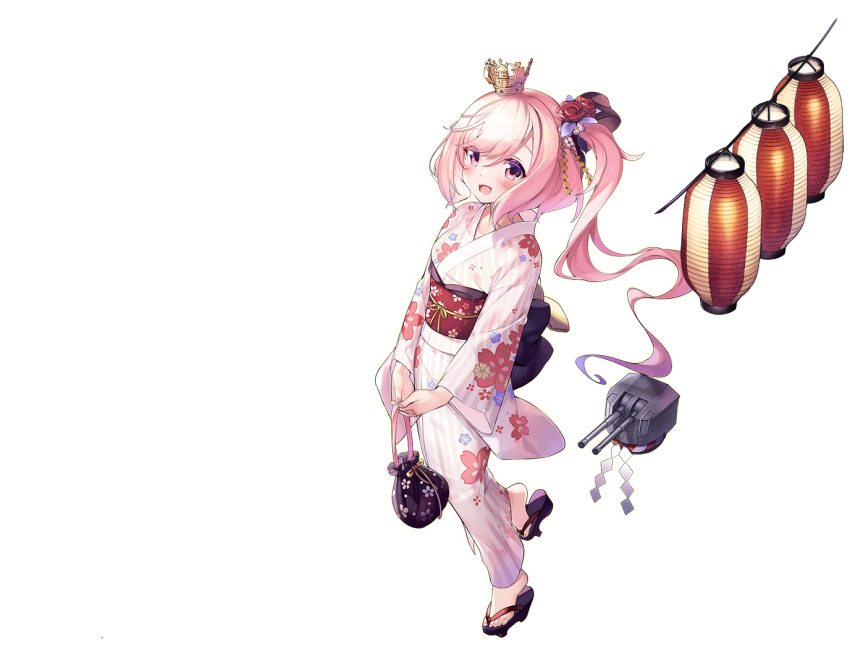 1girl :3 ahoge animal_ears azur_lane bangs blush cannon crown fan food full_body hair_between_eyes japanese_clothes juno_(azur_lane) kaede_(003591163) kimono mini_crown official_art open_mouth paper_fan pink_hair ribbon side_ponytail smile solo takoyaki takoyaki_pan transparent_background uchiwa yellow_eyes yukata