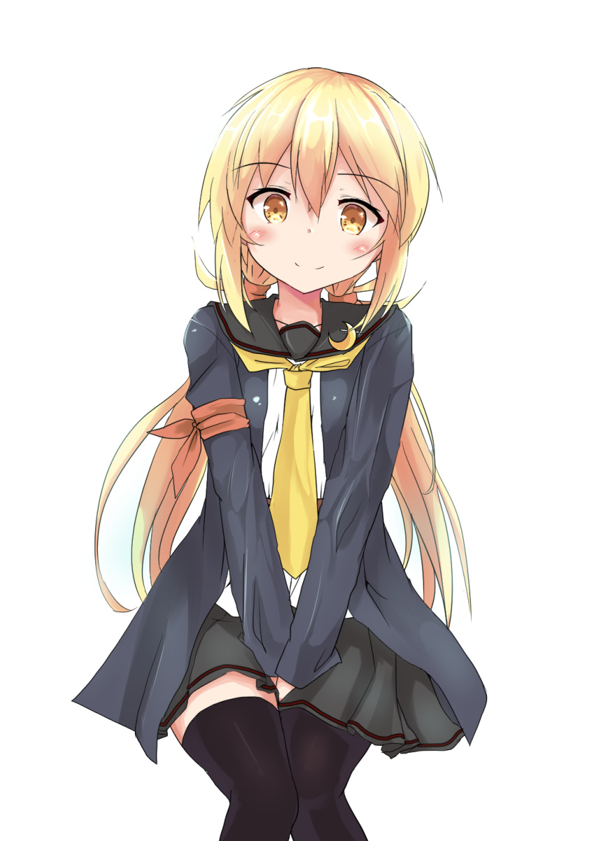 1girl black_jacket black_legwear black_sailor_collar black_skirt blonde_hair blush crescent crescent_moon_pin eyebrows_visible_through_hair feet_out_of_frame hair_between_eyes highres jacket kantai_collection knees_together long_hair long_sleeves low_twintails necktie pleated_skirt remodel_(kantai_collection) sailor_collar satsuki_(kantai_collection) school_uniform serafuku simple_background skirt smile solo thigh-highs twintails white_background yellow_eyes yellow_neckwear yuu_(alsiel)