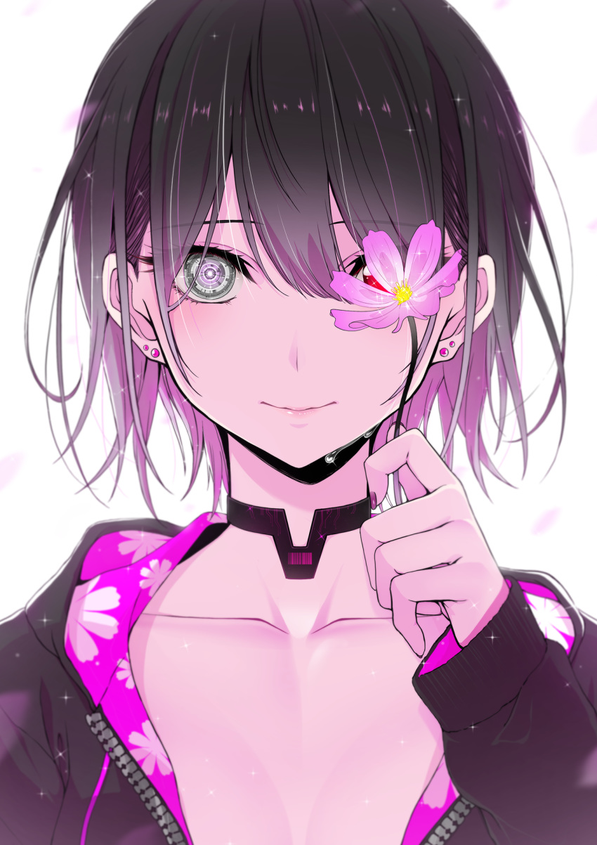 1girl android arm_at_side bangs barcode black_choker black_hair black_jacket blue_eyes blush breasts choker closed_mouth collarbone commentary_request crying crying_with_eyes_open denken drawstring earrings eyebrows_visible_through_hair eyelashes fingernails flower gradient gradient_hair hair_between_eyes hand_up heterochromia highres holding holding_flower hood hood_down hooded_jacket jacket jewelry long_sleeves looking_at_viewer makeup mascara multicolored_hair nail_polish open_clothes open_jacket original petals purple_flower purple_hair purple_nails red_eyes simple_background smile solo streaming_tears stud_earrings symbol-shaped_pupils tears upper_body white_background
