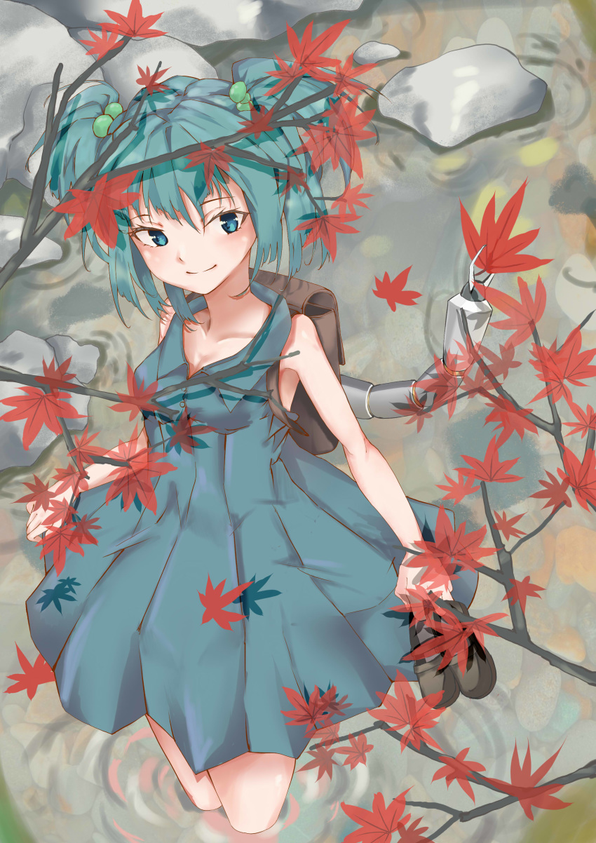 absurdres autumn autumn_leaves backpack bag blue_eyes blue_hair blue_shirt hair_ornament highres kawashiro_nitori mechanical_arm nature outdoors power_(powwwer) rock shirt shoes_on_hands sleeveless soaking_feet solo standing stream touhou water