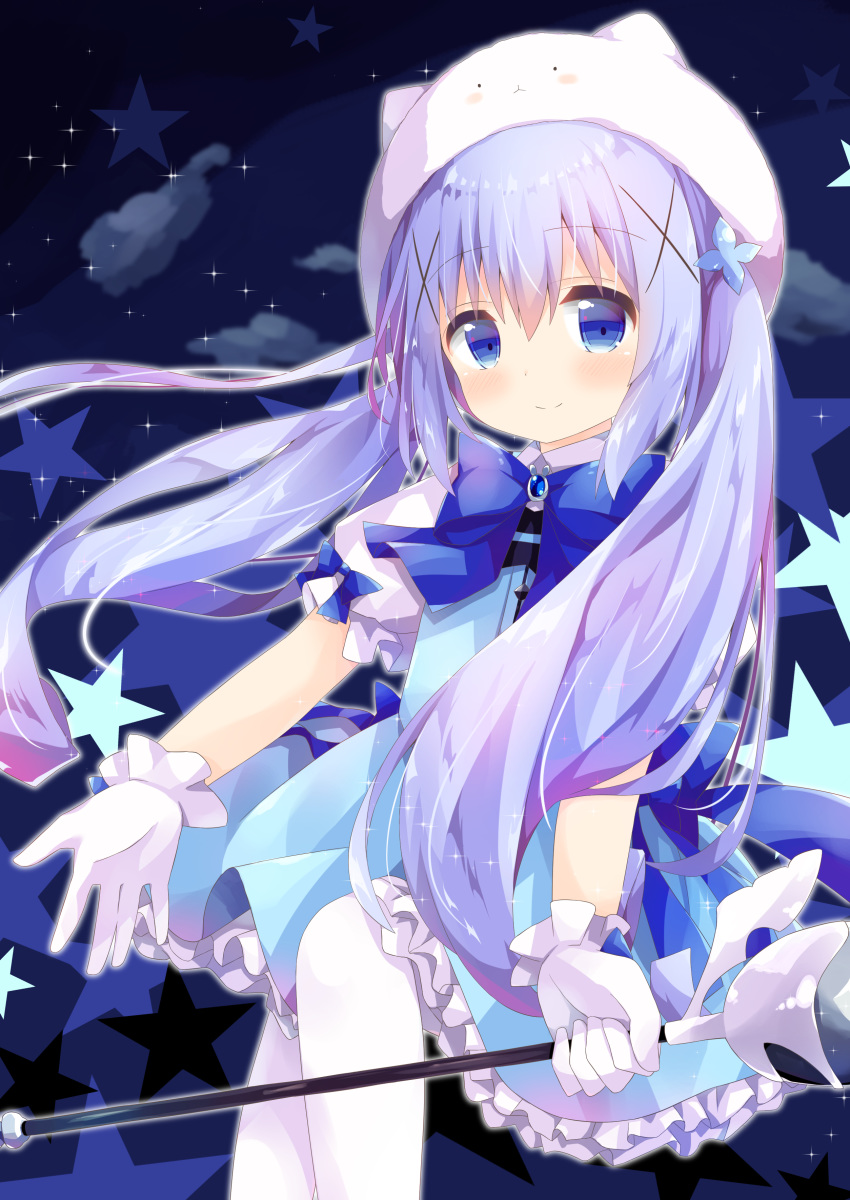 1girl absurdres bangs blue_bow blue_eyes blue_hair blue_skirt blue_vest blush bow brooch character_hat closed_mouth clouds collared_shirt commentary_request dress_shirt eyebrows_visible_through_hair frilled_skirt frills gloves gochuumon_wa_usagi_desu_ka? gradient_hair hair_between_eyes hair_ornament hat highres holding holding_spoon jewelry kafuu_chino long_hair magical_girl multicolored_hair nakkar pantyhose puffy_short_sleeves puffy_sleeves purple_hair shirt short_sleeves skirt smile solo sparkle spoon star starry_background tippy_(gochiusa) very_long_hair vest white_gloves white_headwear white_legwear white_shirt x_hair_ornament