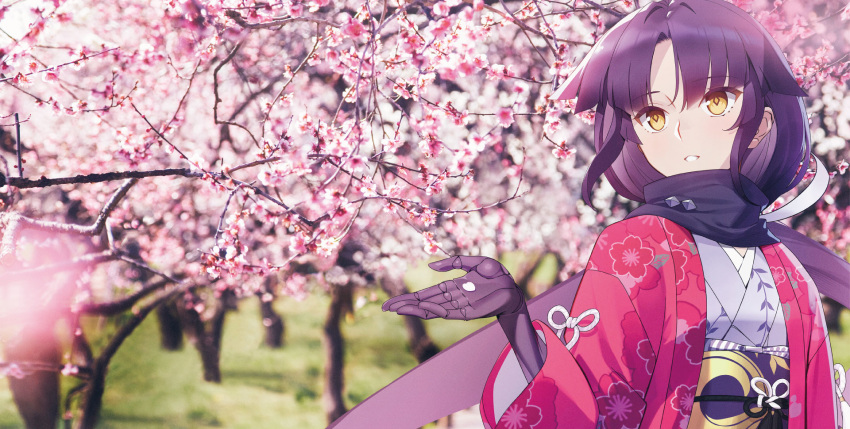 android black_hair cherry_blossoms doll_joints fate/grand_order fate_(series) highres japanese_clothes joints katou_danzou_(fate/grand_order) kimono mecha_musume mechanical_arm official_art petals ponytail robot_joints scarf yangsion yellow_eyes