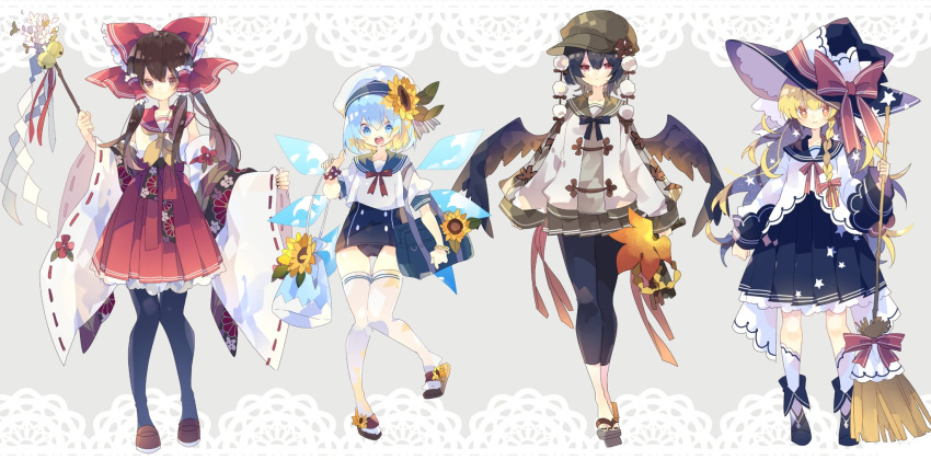 4girls adapted_costume bag bell black_footwear black_hair black_headwear black_legwear black_nails black_neckwear black_skirt black_wings blonde_hair blue_eyes blue_hair blue_ribbon bow bracelet braid broom brown_eyes brown_footwear brown_hair brown_headwear cherry_blossoms cirno clouds commentary detached_sleeves duffel_bag fan floral_print flower frills full_body geta gohei green_skirt grey_background hair_bow hair_tubes hakurei_reimu hand_up hat hat_bow hat_flower hat_ribbon highres holding holding_broom holding_fan jewelry kirisame_marisa leaf_fan leaf_print long_hair long_sleeves looking_at_viewer multiple_girls neck_ribbon neckerchief nikorashi-ka one-piece_swimsuit open_mouth pleated_skirt pom_pom_(clothes) red_bow red_eyes red_neckwear red_skirt ribbon sailor_collar sailor_hat sandals scrunchie shameimaru_aya shirt shoes short_hair short_sleeves single_braid skirt star sunflower swimsuit swimsuit_under_clothes thigh-highs touhou white_headwear white_legwear white_shirt wide_sleeves wings witch_hat wrist_scrunchie yellow_neckwear