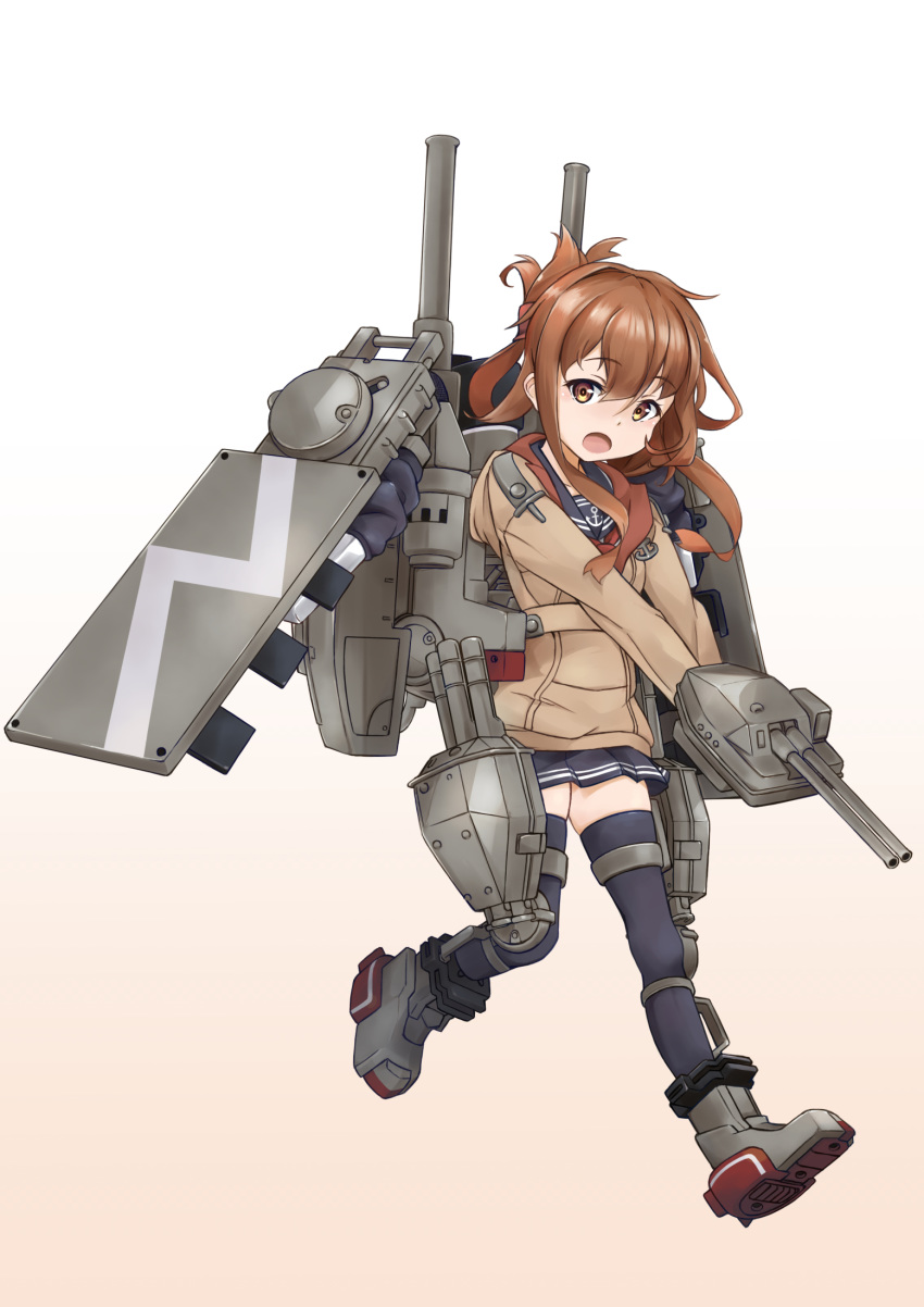 1girl adapted_turret anchor_symbol black_legwear black_sailor_collar black_skirt brown_eyes brown_hair brown_sweater cannon commentary_request folded_ponytail highres hood hooded_sweater hoodie inazuma_(kantai_collection) kantai_collection long_hair long_sleeves looking_at_viewer machinery minosu neckerchief original_remodel_(kantai_collection) pleated_skirt red_neckwear sailor_collar school_uniform serafuku shield shirt skirt solo sweater thigh-highs turret white_shirt