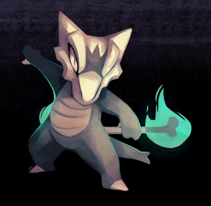 alolan_form alolan_marowak black_background bone creature fighting_stance fire flame full_body gen_7_pokemon green_fire highres holding holding_bone legs_apart no_humans pokemon pokemon_(creature) salanchu simple_background skull_helmet solo standing