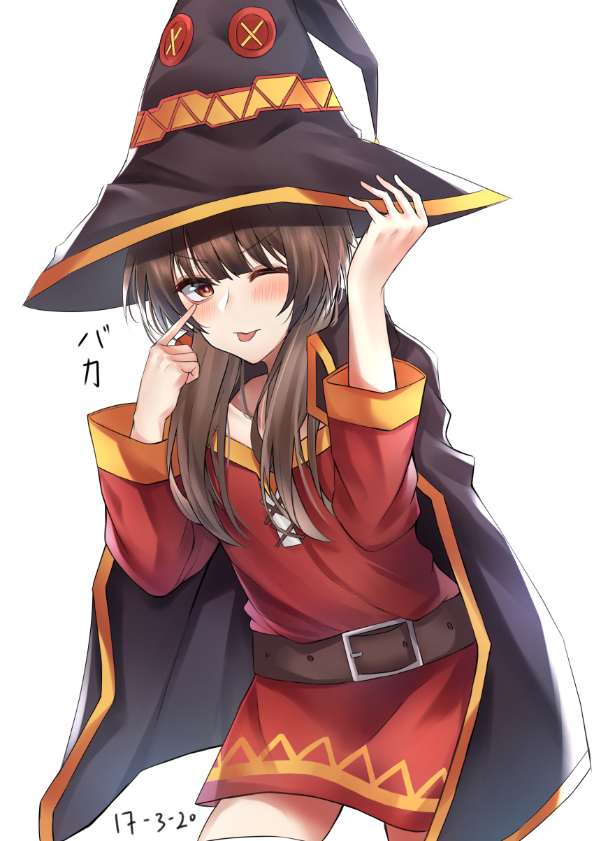 1girl absurdres bandages bangs belt black_cape blush brown_belt brown_hair cape collarbone commentary_request dress eyebrows_visible_through_hair fingerless_gloves gloves hat highres kono_subarashii_sekai_ni_shukufuku_wo! long_hair long_sleeves looking_at_viewer megumin one_eye_closed poisonousgas red_dress red_eyes simple_background solo thigh-highs tongue tongue_out translation_request white_background witch_hat