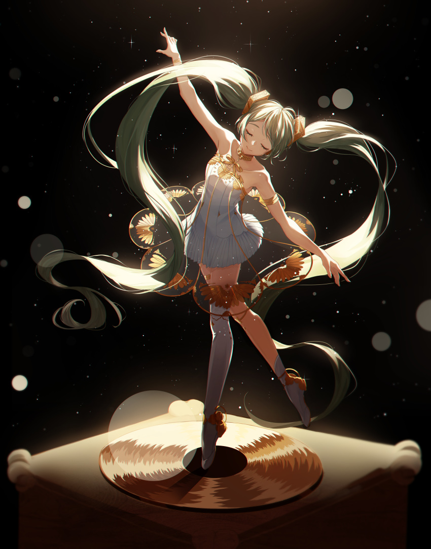 1girl absurdly_long_hair absurdres arahe black_background closed_eyes en_pointe green_hair hatsune_miku highres long_hair miku_symphony_(vocaloid) outstretched_arms pleated_skirt see-through_dress single_thigh_boot skirt solo spread_arms twintails very_long_hair vocaloid white_skirt